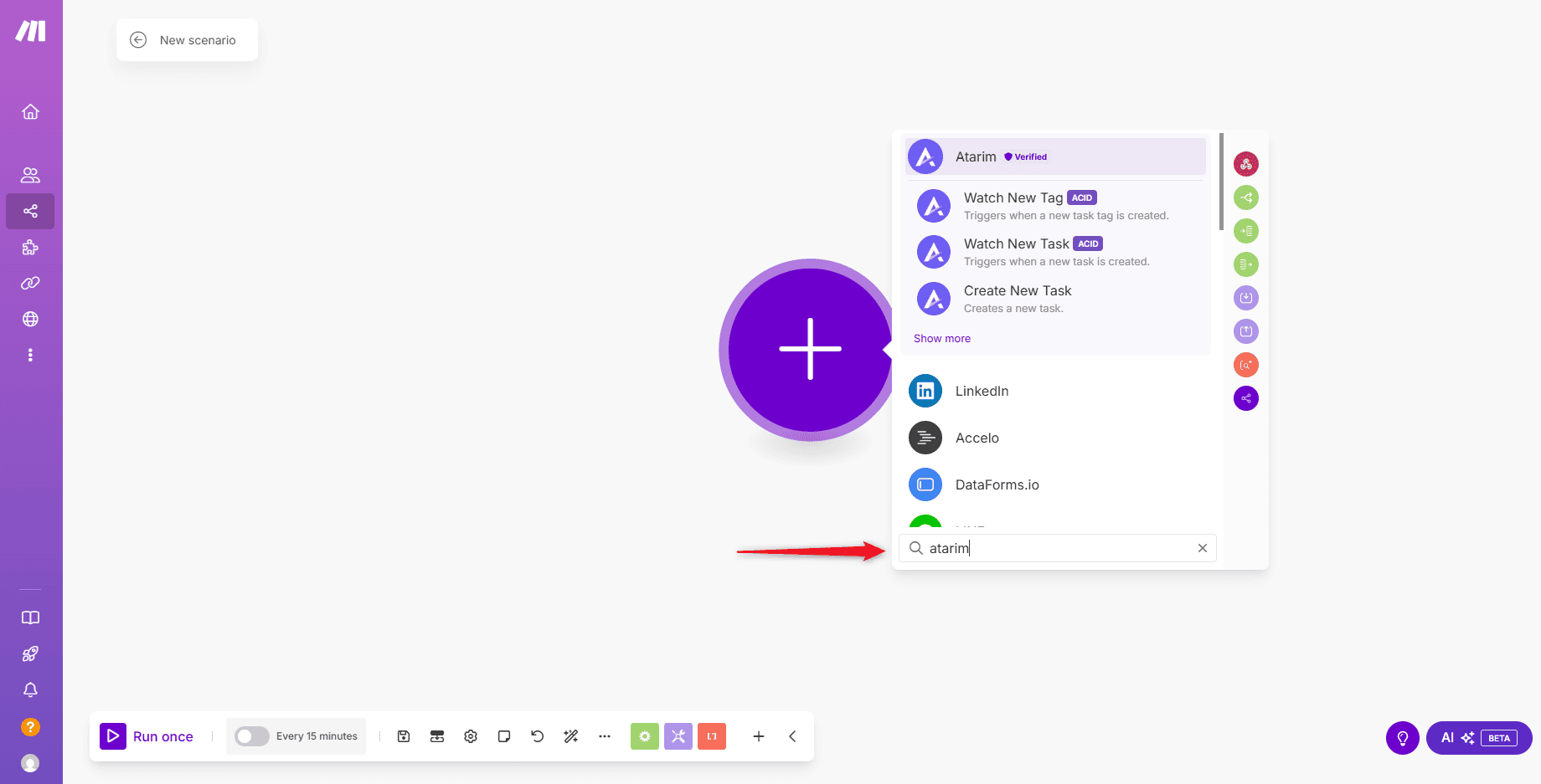 Searching for the Atarim module in Make