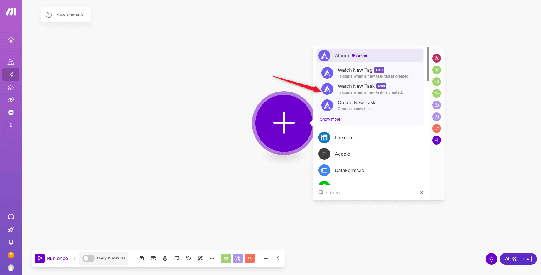 Choosing the Watch New Task trigger in the Atarim module
