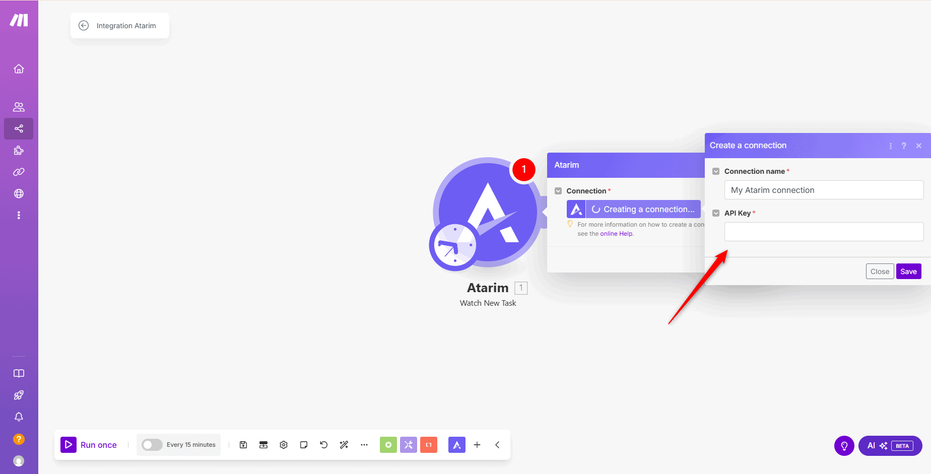 Pasting the Atarim API key into the Make connection dialog