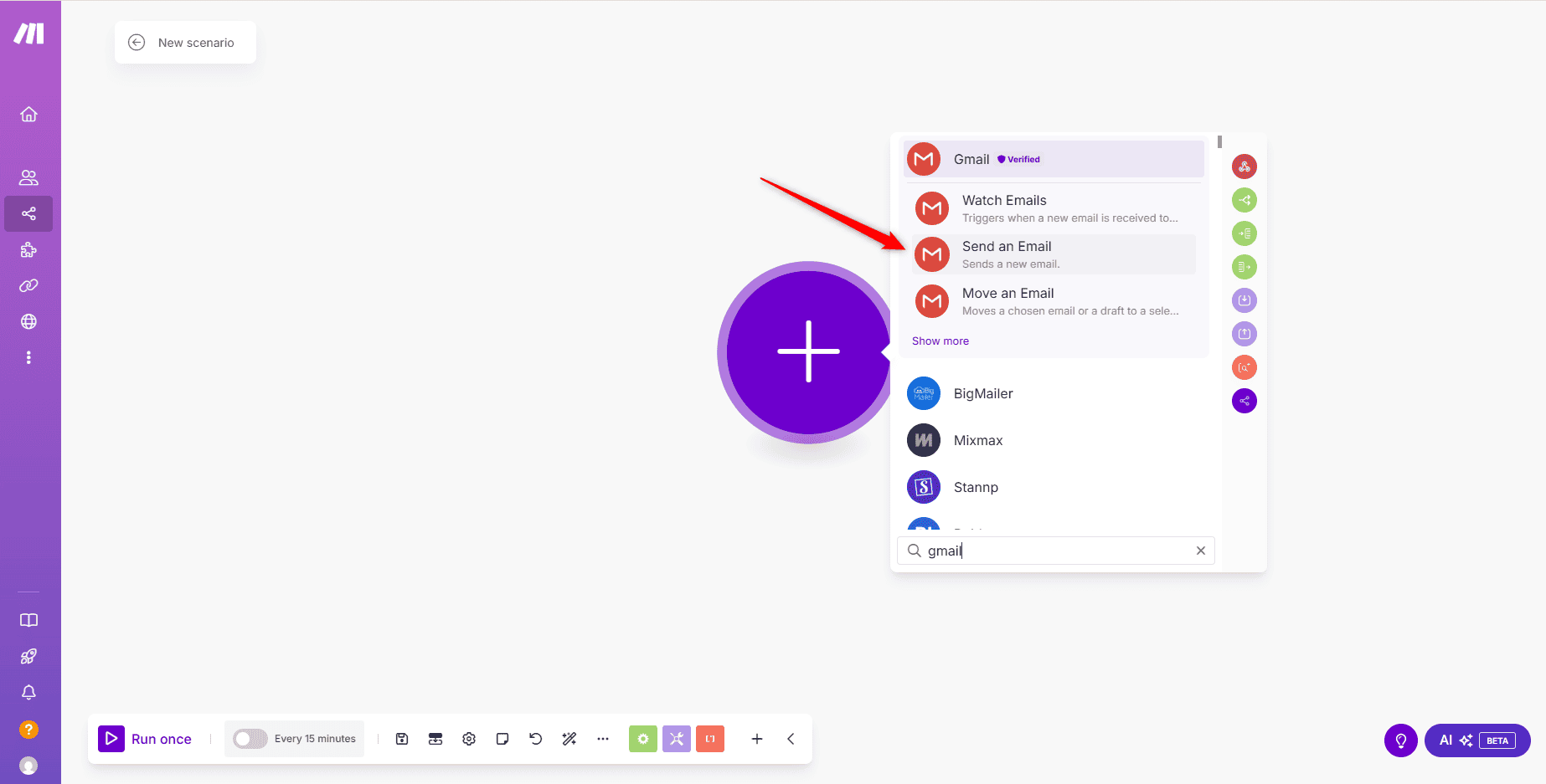 Selecting Send an Email as the Gmail action in Make