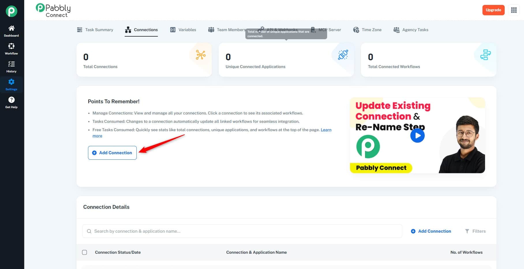 The Add Connection control in Pabbly's Connections settings