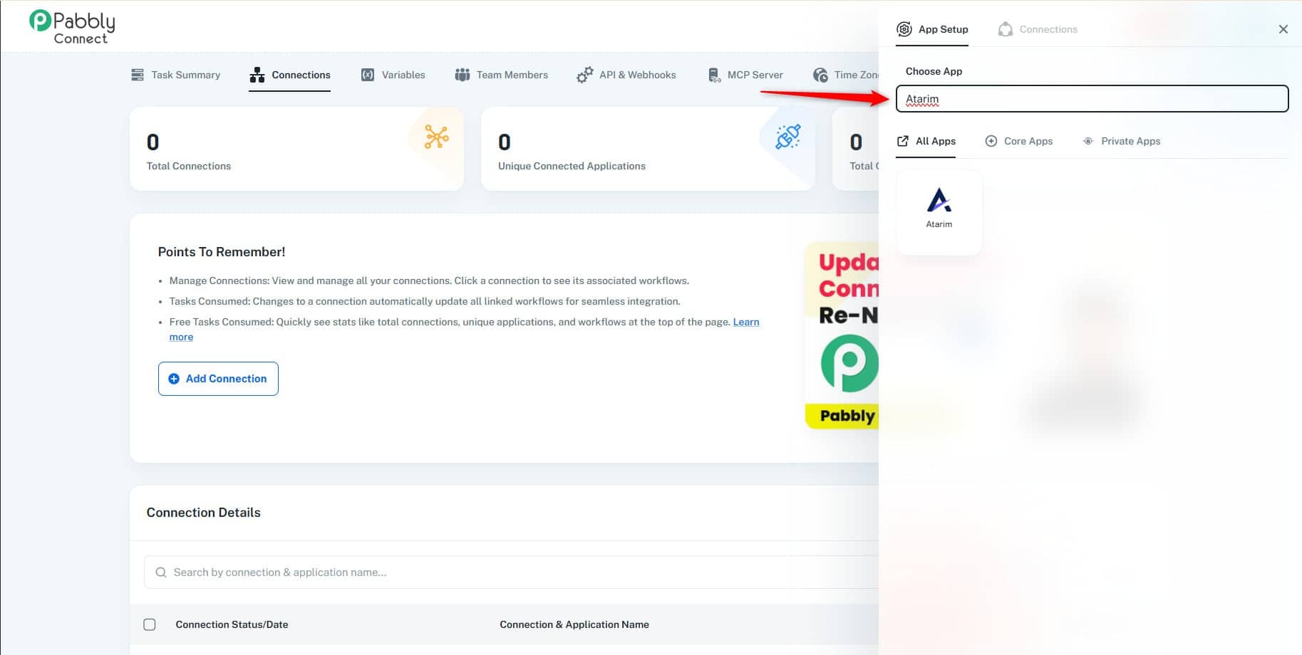 Searching for Atarim in Pabbly's connection list