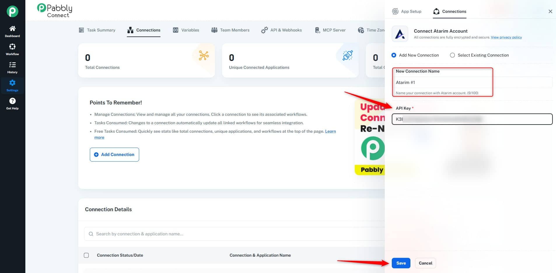 Pasting the Atarim API key into Pabbly's connection dialog