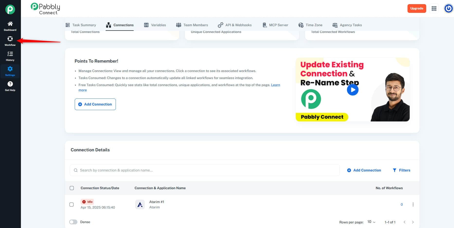 The Workflow section in Pabbly Connect