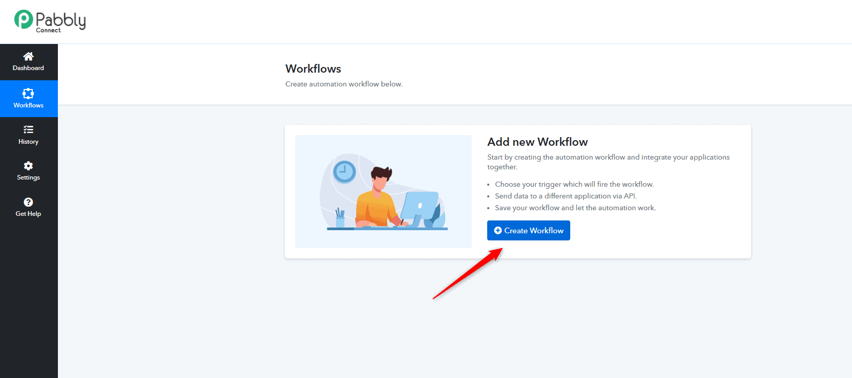 The Create Workflow button in Pabbly Connect