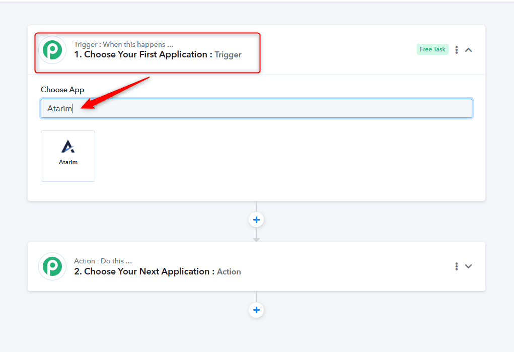 Selecting Atarim as the trigger app in a Pabbly workflow