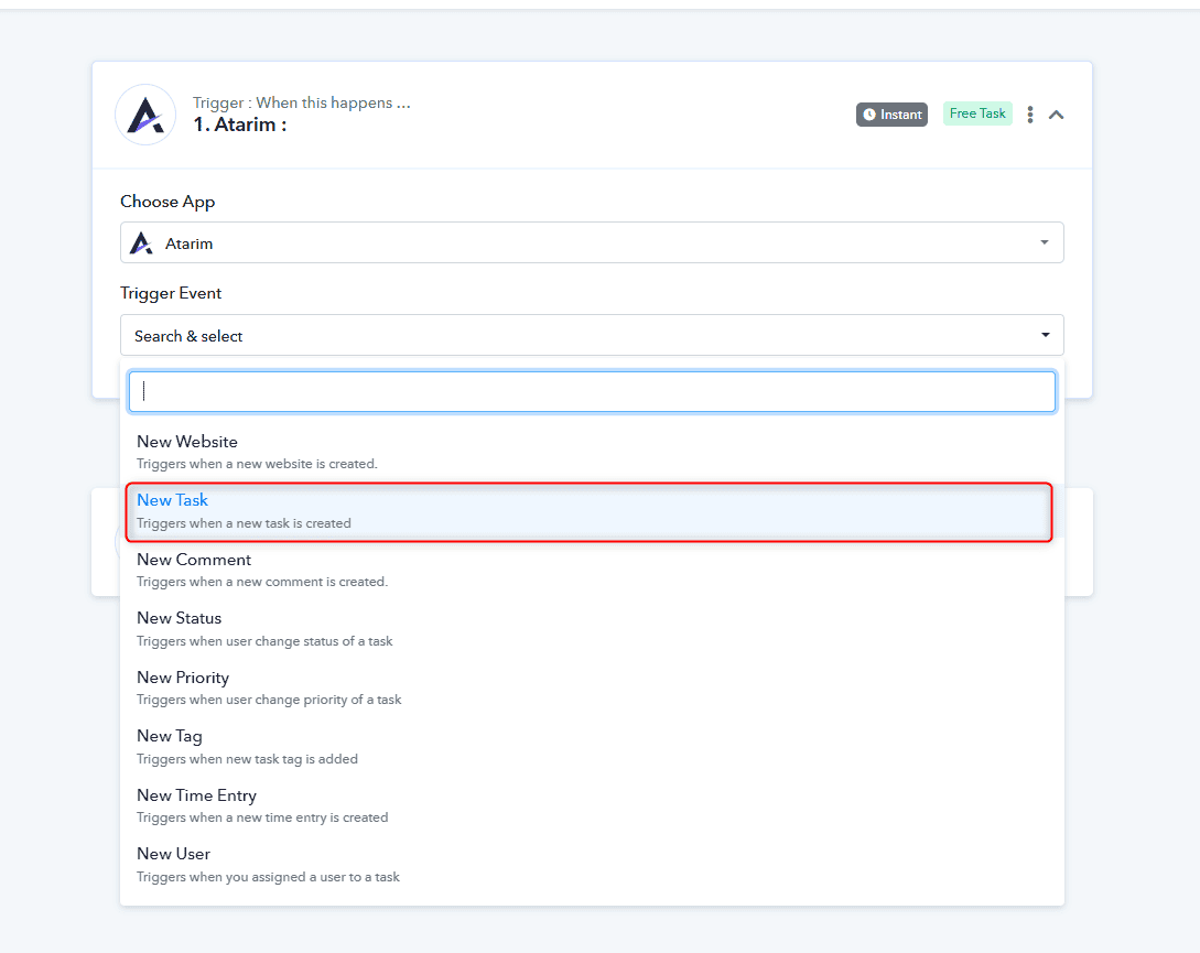 Choosing New Task as the trigger event in Pabbly