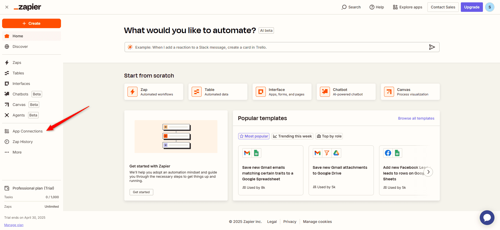 The Apps Connection section in Zapier's left sidebar
