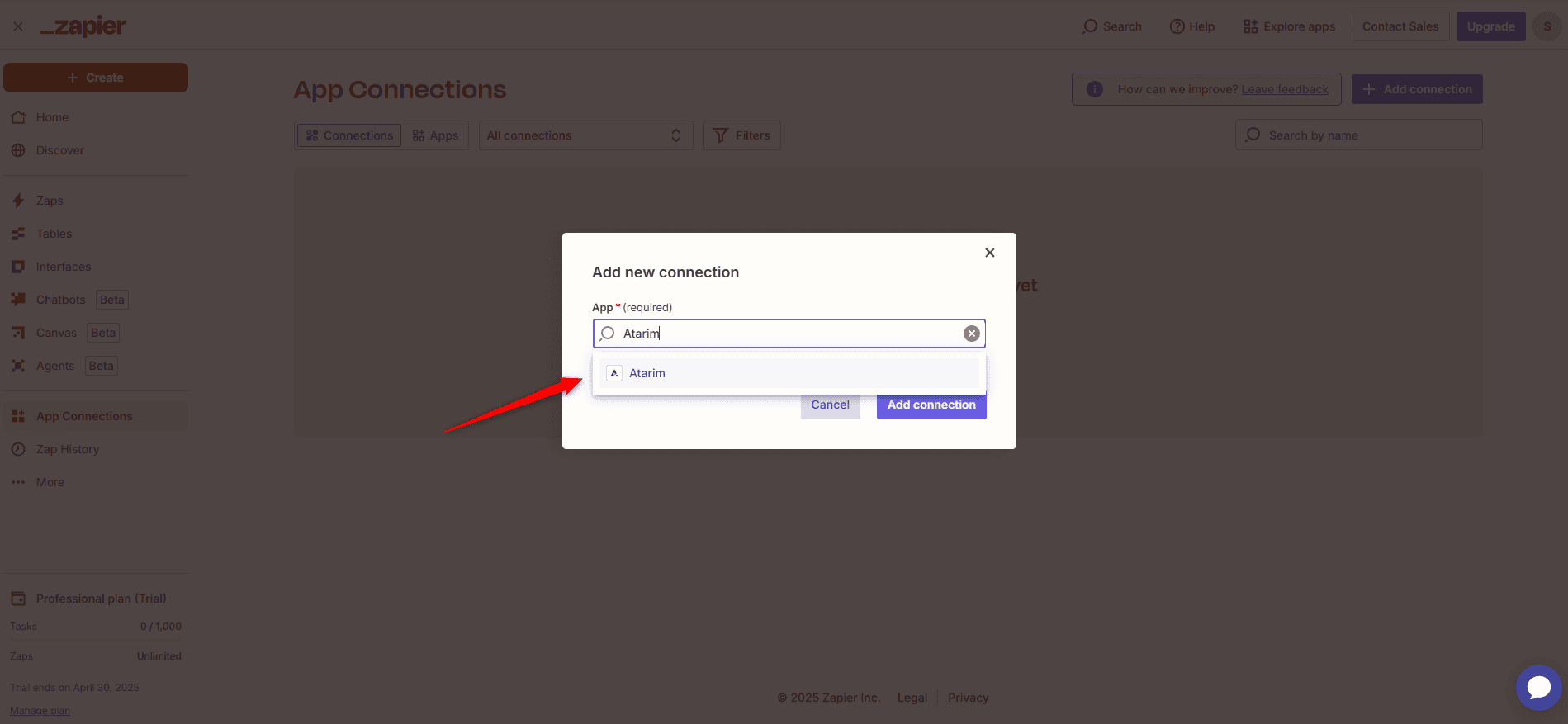 Searching for Atarim in Zapier's app list