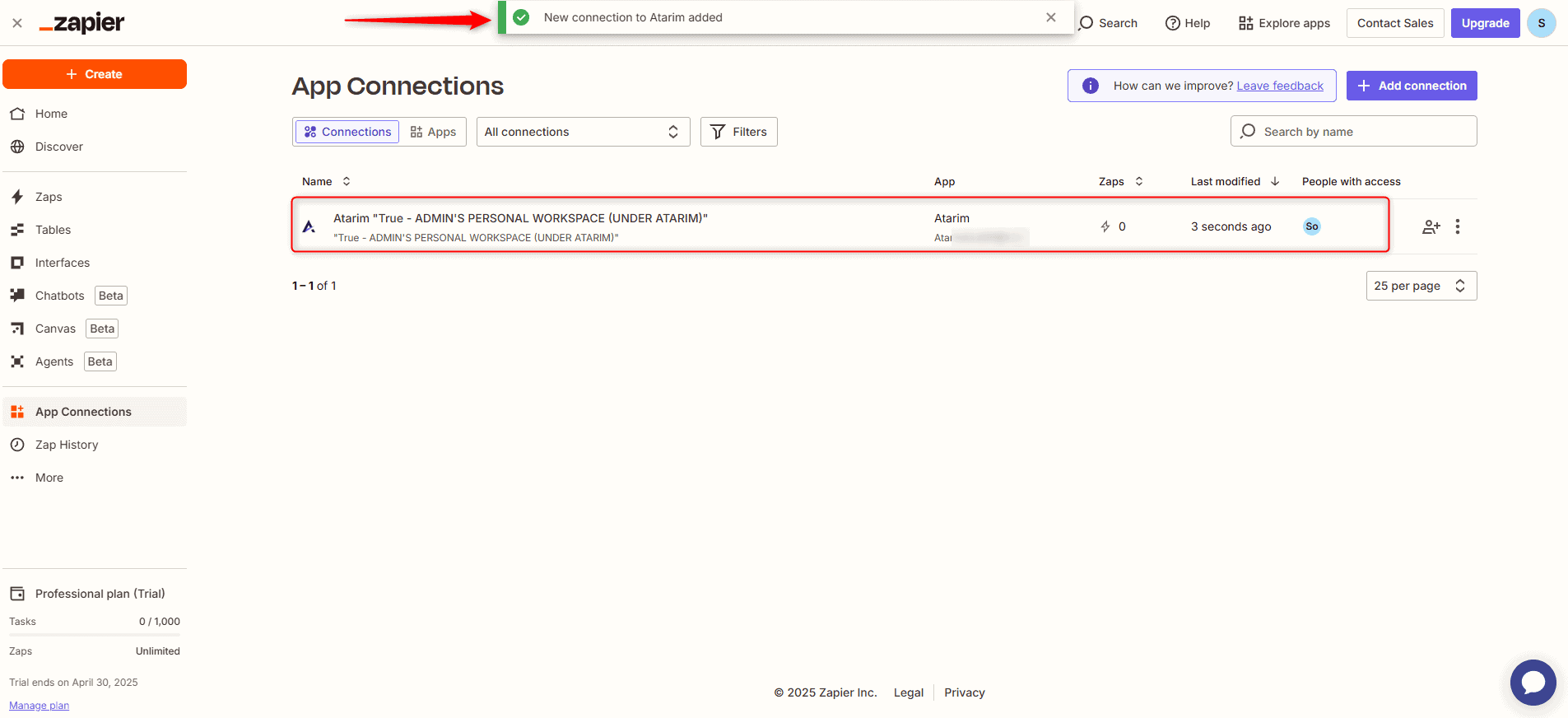Zapier confirming a successful connection to Atarim