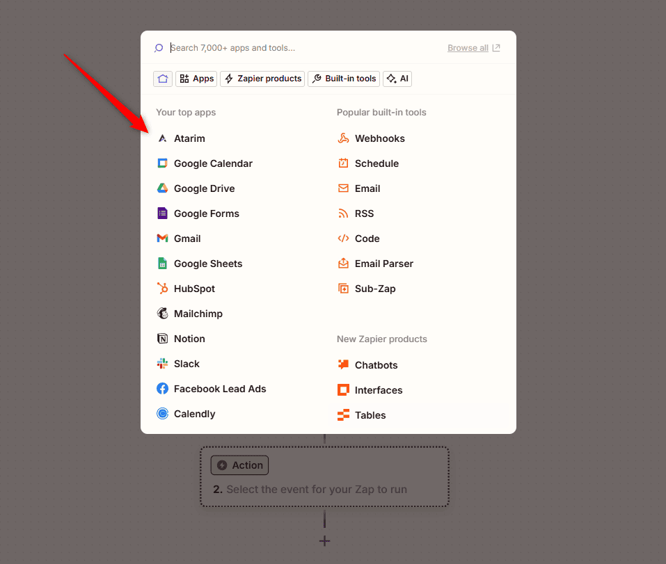 Selecting Atarim as the trigger app in Zapier