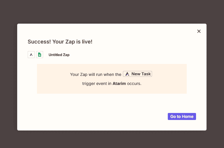 Zapier's confirmation that the Zap is published