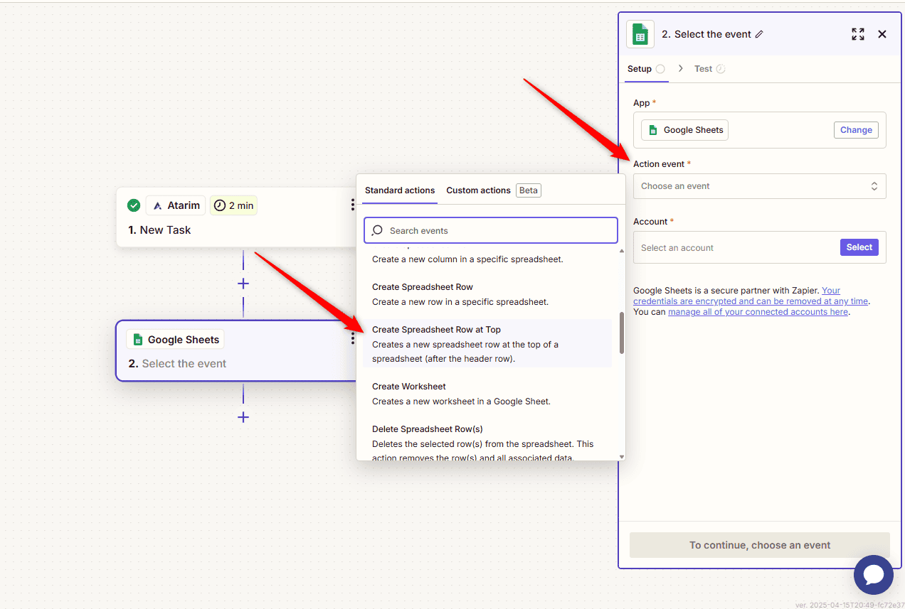 Choosing the action event, such as Create Spreadsheet Row