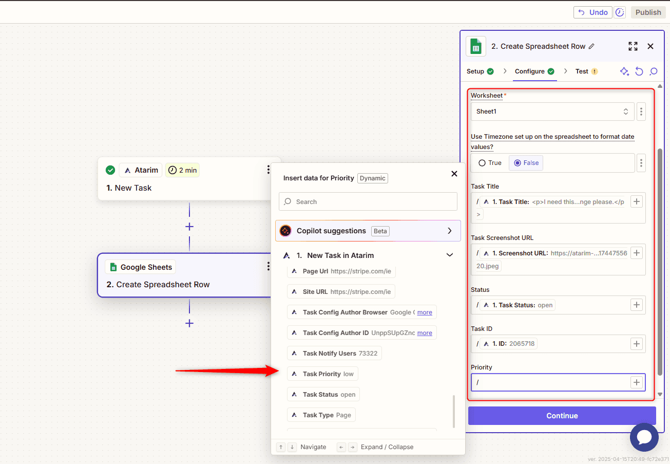 Mapping Atarim task fields into the destination app's fields