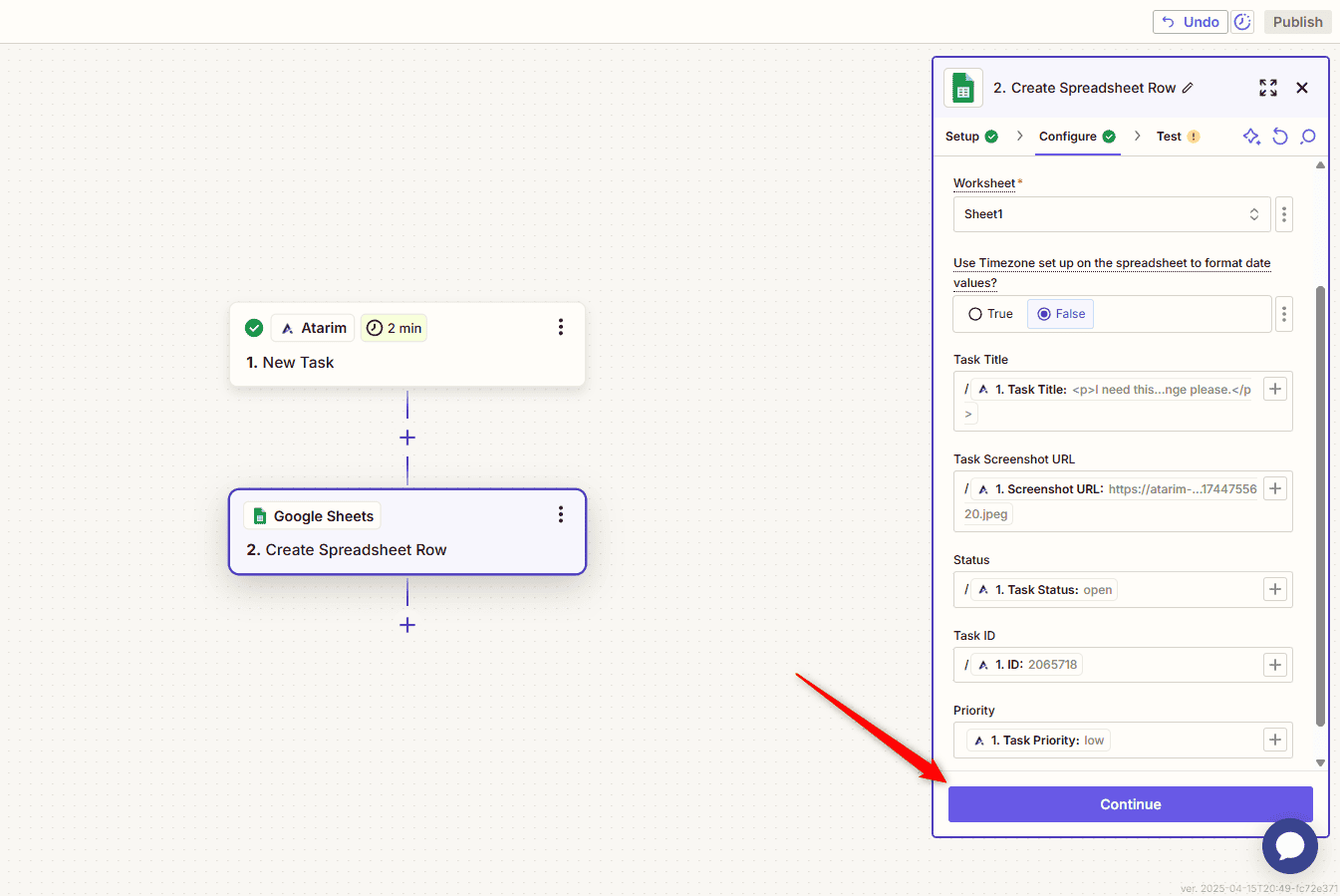 Continuing to finish the action setup in Zapier