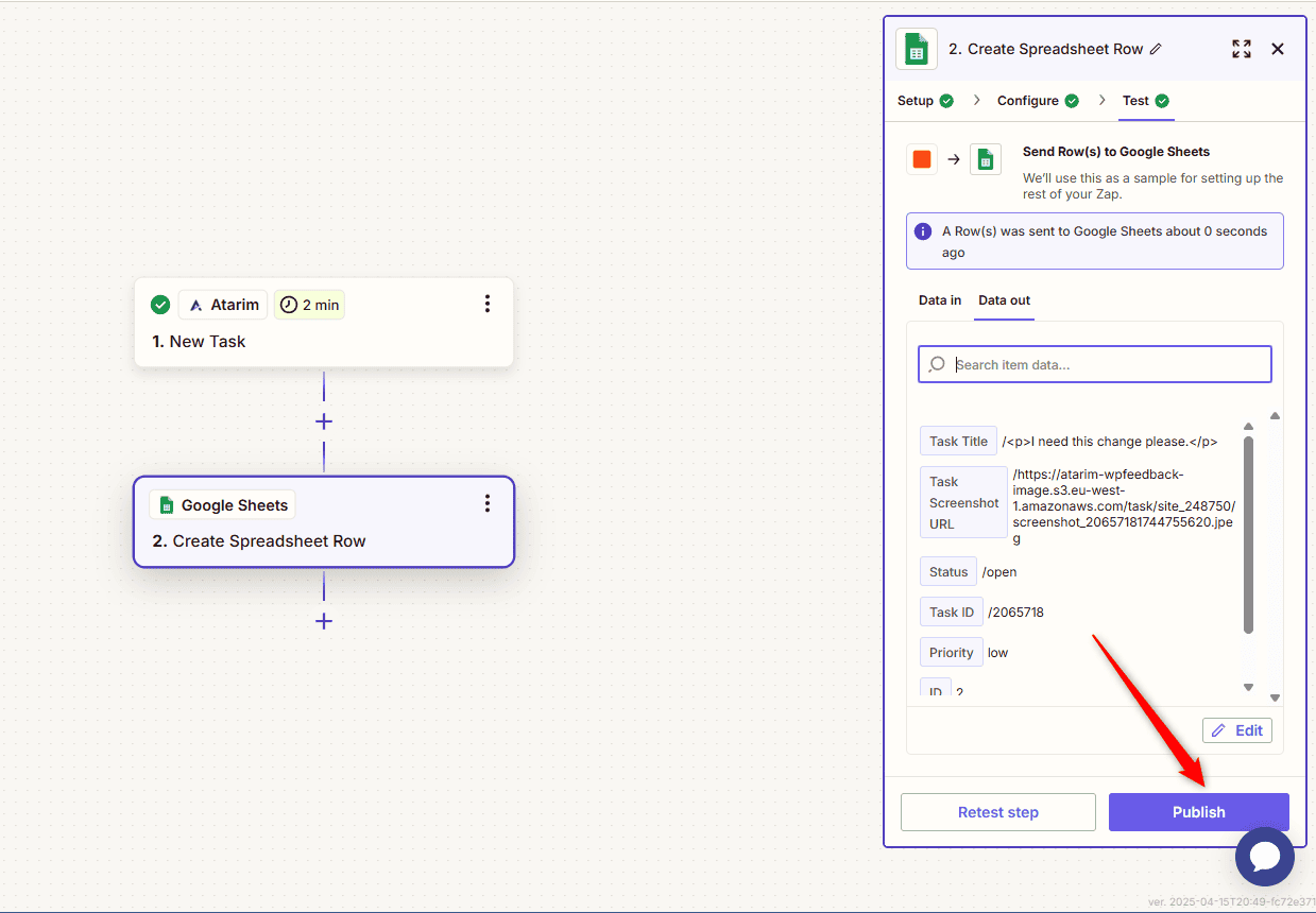 The Publish button in Zapier