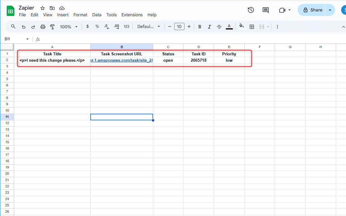 Atarim task data appearing as a new row in a Google Sheet