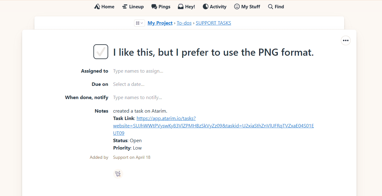 The same task appearing in the Basecamp view