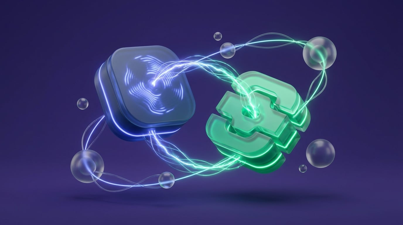 3D abstract illustration of pair design generator and synthesizer dynamics with interconnected glowing nodes in violet, slate blue, and emerald